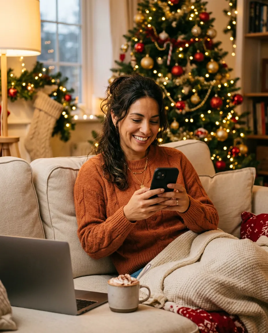 Mujer sonriendo mientras revisa su celular en un sofá junto al árbol de Navidad