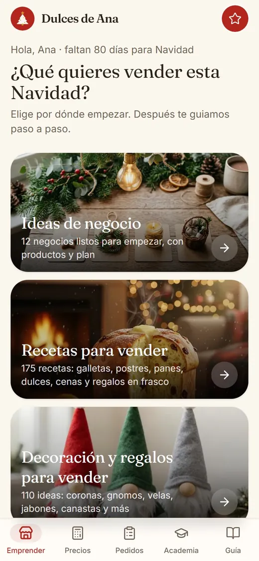 Pantalla de inicio de Navidad Rentable con accesos a productos, ideas de negocio y herramientas
