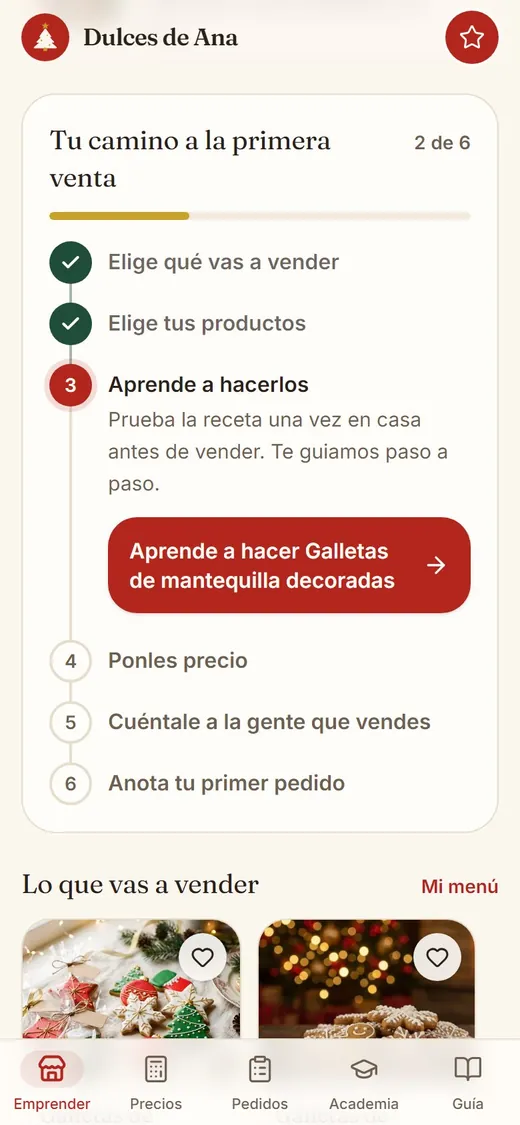 Pantalla «Tu camino a la primera venta» con 6 pasos
