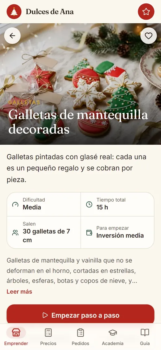 Ficha de un producto con foto, ingredientes, empaque y margen recomendado