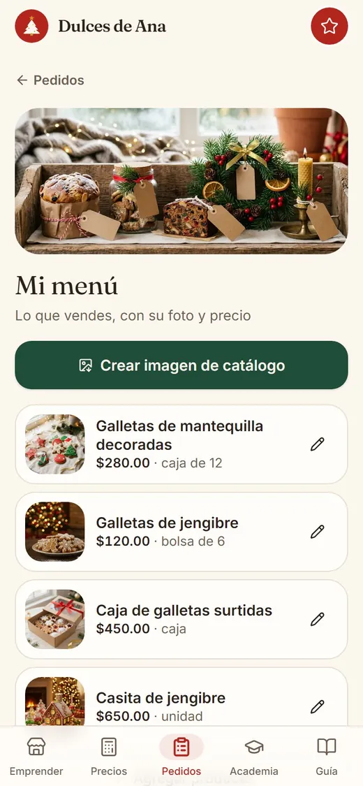 Pantalla Mi menú para armar el catálogo con fotos y precios