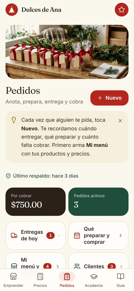 Lista de pedidos con anticipo, estado y saldo pendiente