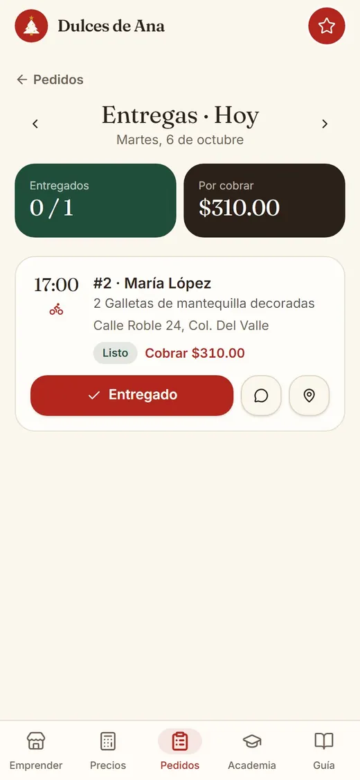 Entregas del día con lo entregado y lo que falta por cobrar