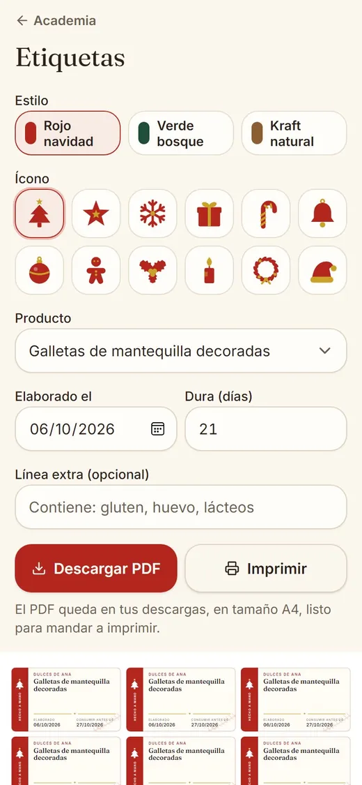 Pantalla para imprimir etiquetas, tarjetas y stickers en PDF